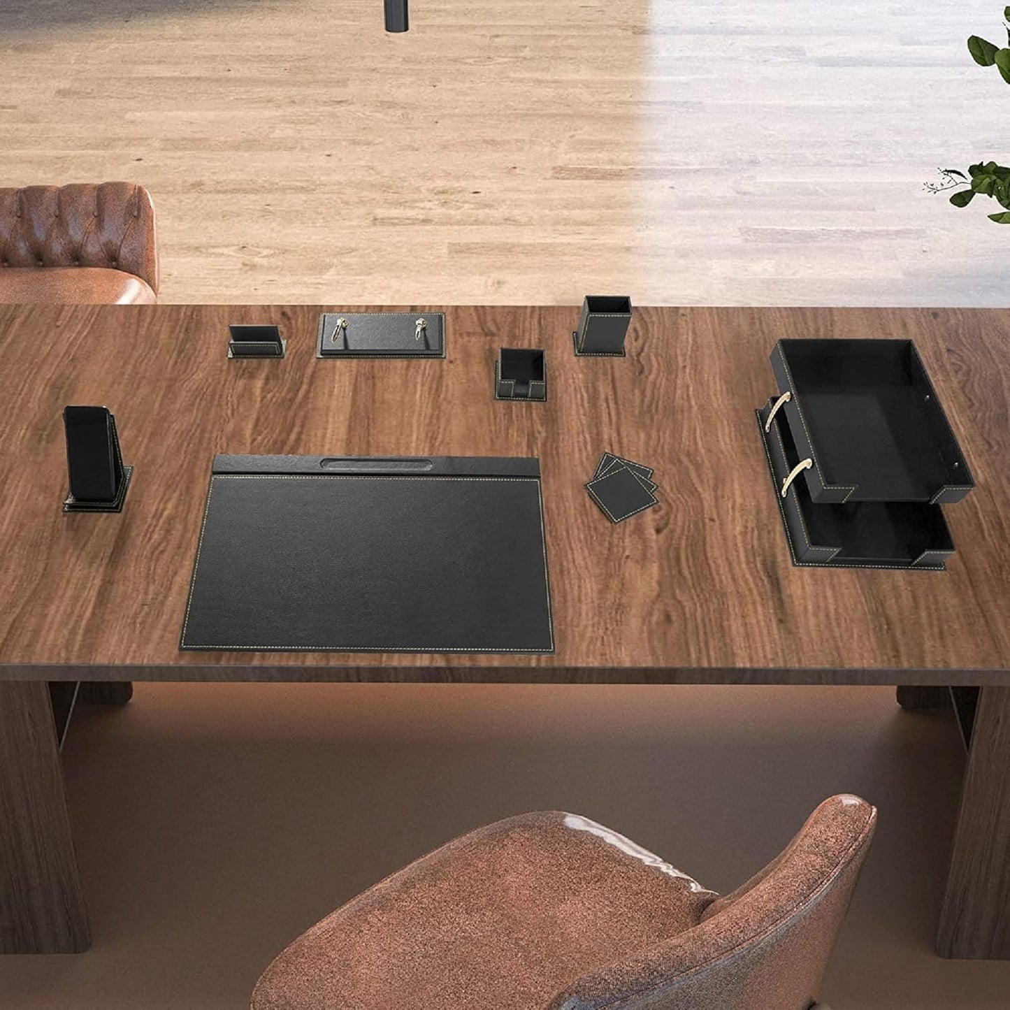 Ensemble Sous-Main & Organisateur de Bureau en Cuir de Luxe