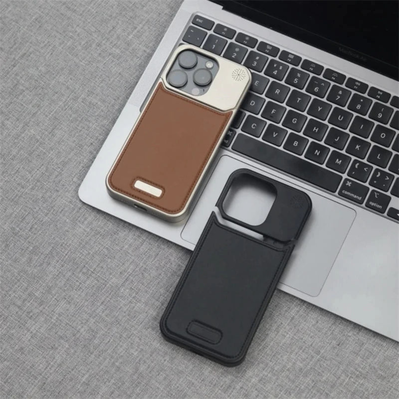 Étui de téléphone magnétique en cuir et alliage d'aluminium pour iPhone 16